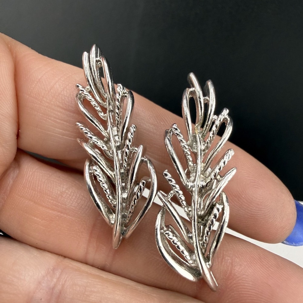 Vintage Coro Clip On Earrings Silver Tone Leaf Signed